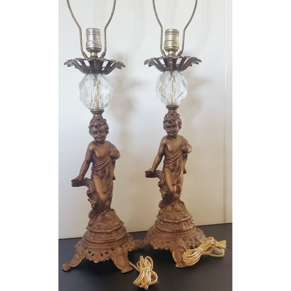 Antique Victorian Figural Cherub Table Lamp Angel With Crystal - One Pair